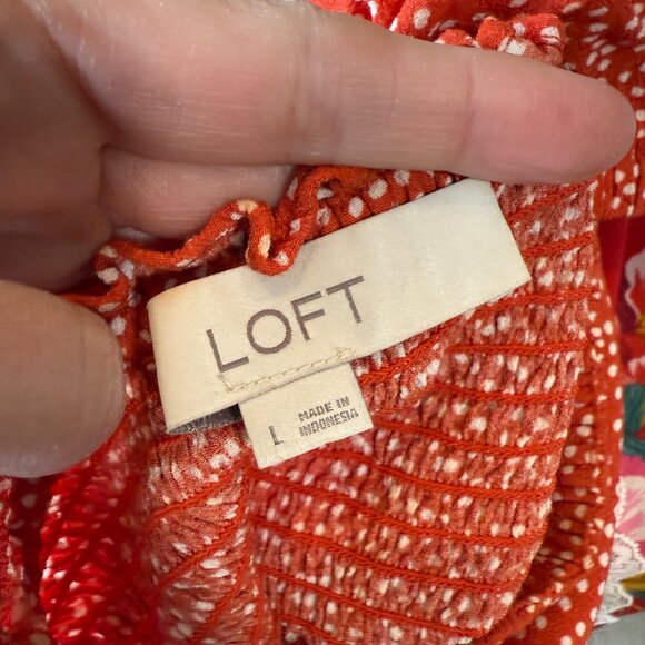 Loft Smocked Peasant Top Balloon Short Sleeves Red White Polkadots Size Large - Picture 9 of 9